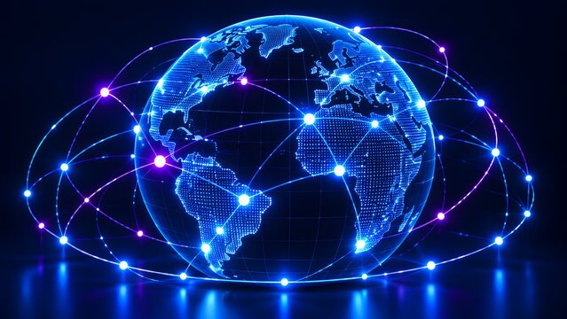 Futuristic digital world globe interconnected with glowing node networks representing global internet communication and cyberspace data transfer