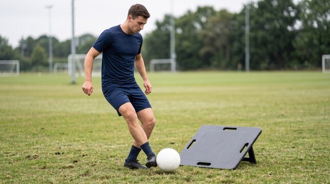 Soccer player practicing passing and kicking with rebounder board on training pitch