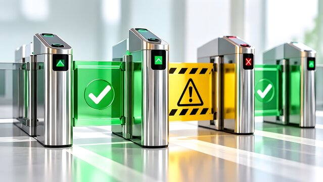 Modern subway turnstile barrier with green checkmark and yellow warning sign representing access control security checkpoint and restricted entry
