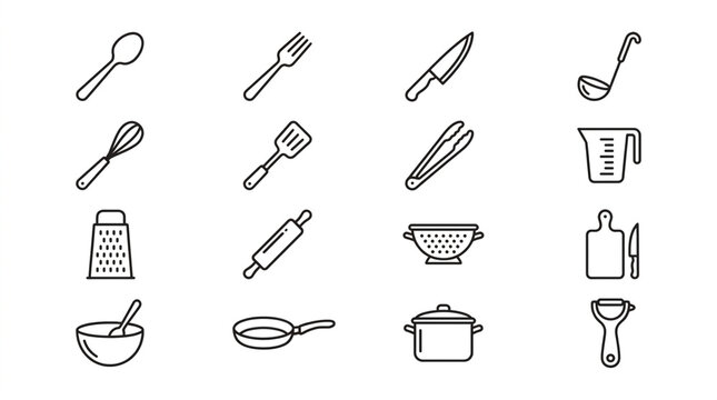 Comprehensive set of kitchen utensil line icons featuring cooking baking restaurant and culinary tool categories ideal for modern web and mobile UIUX design