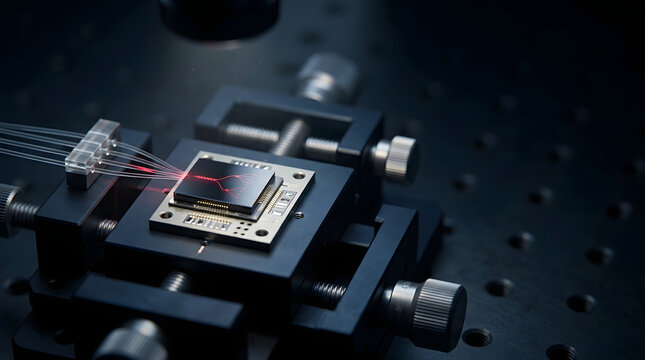 Computer microprocessor chip mounted on test probe station with red laser beam