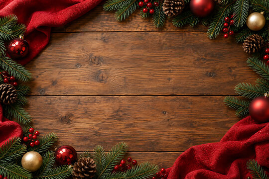 Festive red and evergreen border on a rustic wood background
