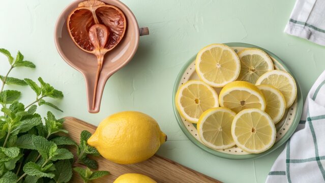 Fresh Lemons and Mint Slices on a Light Green Surface, Preparing for Healthy Drinks and Wellness