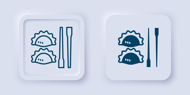 Filled and outline Dumpling with chopsticks icon isolated on grey background. Traditional chinese dish. Square button. Vector