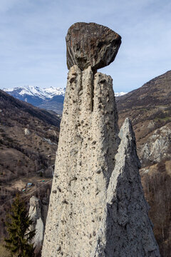 Close-up view of the Pyramids of Euseigne with Val d'H&eacute;rens valley in background, Switzerland