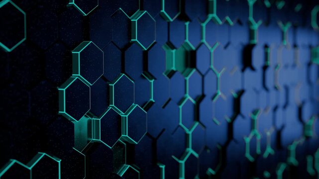 紺とシアンの縦長六角形タイルが並ぶ壁面で個別に前後するループ動画。IT企業紹介や配信オープニングに映える立体感のシネマティック素材