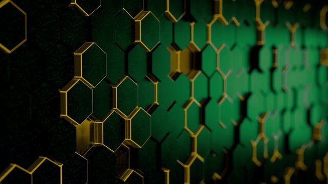 深緑と金色の縦長六角形タイルが並ぶ壁面で個別に前後するループ動画。ブランド広告や表彰式映像に映える立体感のシネマティック素材