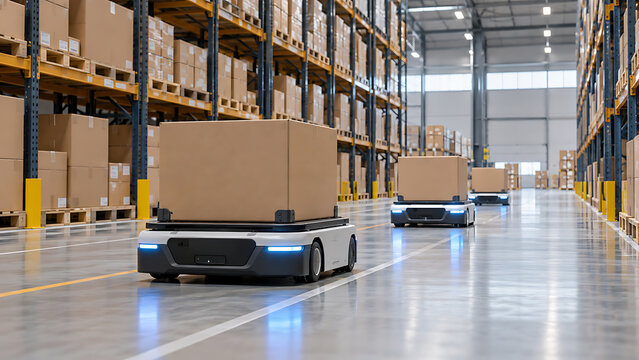 Autonomous robots transporting boxes through a warehouse