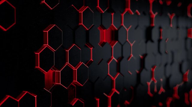 黒と赤の縦長六角形タイルが並ぶ壁面で個別に前後するループ動画。ゲーム広告やイベント映像に映える立体感のシネマティック素材
