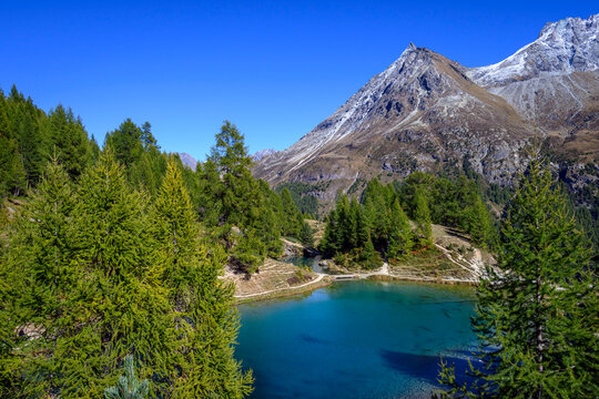 Arolla's blue lake (le Lac Bleu) in Valais, Switzerland