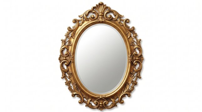 Elegant oval mirror with ornate gold frame isolated on white background