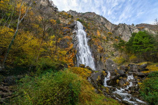 Salanfe Waterfall (nicknamed "La Pissevache") in autumn, Switzerland
