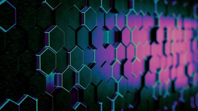多色の縦長六角形タイルが並ぶ壁面で個別に前後するループ動画。音楽イベントやデジタル広告に映える立体感のシネマティック素材