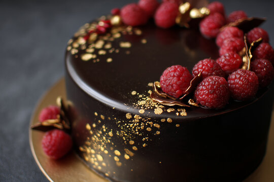 Luxury New Year's Eve chocolate cake with raspberry cream ganache fresh raspberries and edible gold decorations