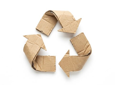 Recycling symbol made from crumpled brown cardboard pieces