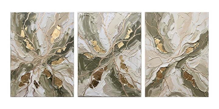 Triptych modern abstract canvas art with textured impasto in olive green, sage, beige, white, and metallic gold tones