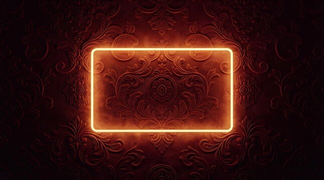 Rectangular neon frame illuminates a detailed damask floral ornament background