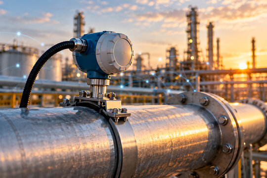 Industrial sensor mounted on a pipe with network connections