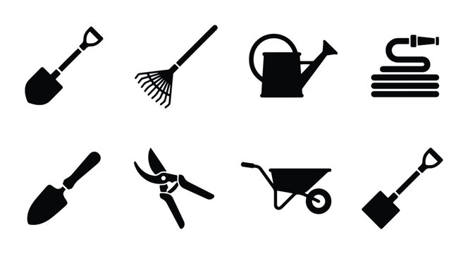 Gardening tools set with shovel, rake, watering can, hose, pruners, wheelbarrow and trowel for landscaping