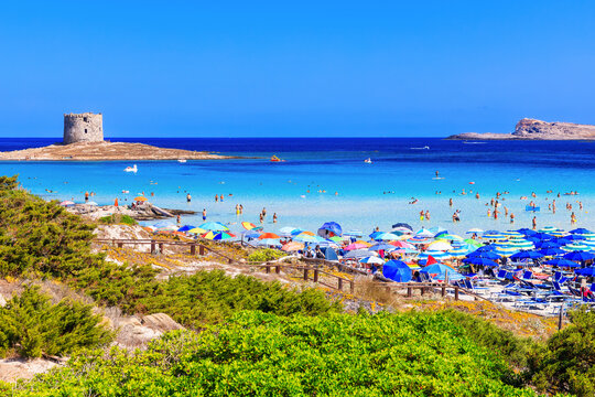 Sardinia, Italy. La Pelosa Beach with its turquoise lagoon and crystal-clear waters near Stintino.