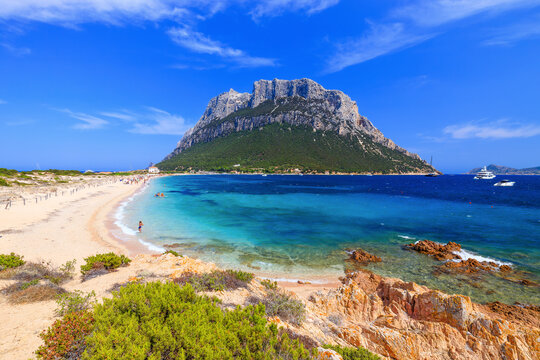 Sardinia, Italy. View of the sandy beach on the amazing Tavolara island and the beautiful sea of the Emerald Coast.