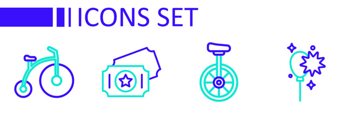 Set line Balloons with ribbon, Unicycle, Circus ticket and Vintage bicycle icon. Vector © Iryna