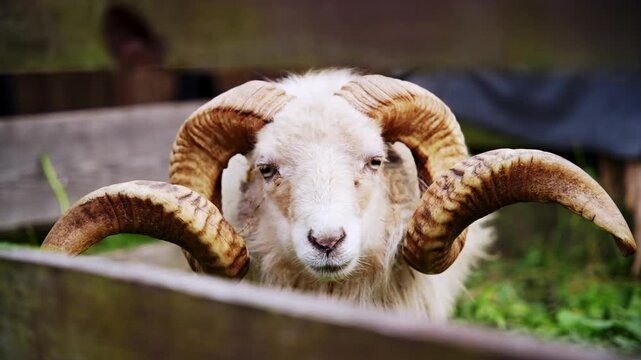 Close up shot of a white ram with long spiral curved horns standing outdoors.