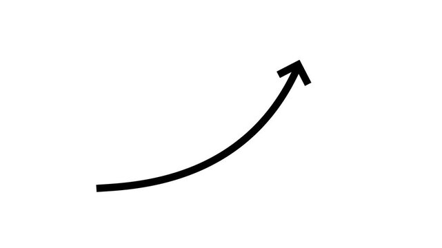 Minimalist black arrow drawing curved line pointing upwards over simple white background.