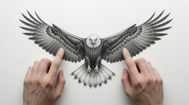 Human hands touch detailed pencil drawing of eagle with spread wings. Artist finger points at bird illustration on white paper. Close up of monochrome sketch showing feathers, avian anatomy. Creative