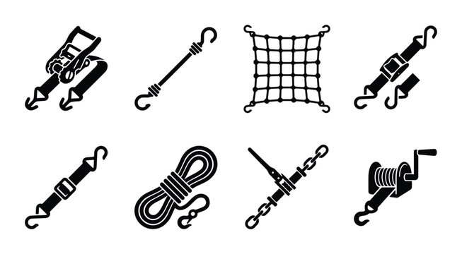 Cargo securing straps and nets set with winch and rope, transport safety