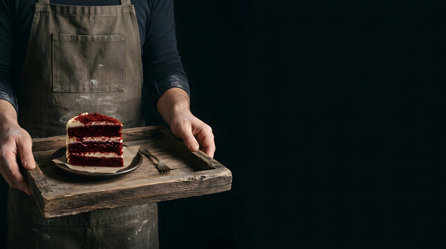 Chef serving a gourmet red velvet cake slice on a rustic wooden tray against a dark background