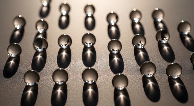 Spherical glass beads arranged in rows with dramatic side lighting creating elongated shadows