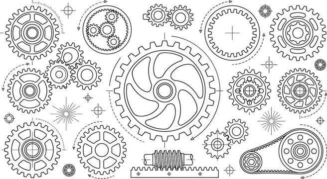Engineering blueprint cogs and gears technical line art set clockwork mechanism planetary gear drive vector isolated on white background