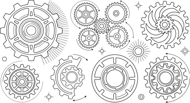 Mechanical gears and cogs line art set steampunk clockwork machinery mechanism vector outline isolated on white background