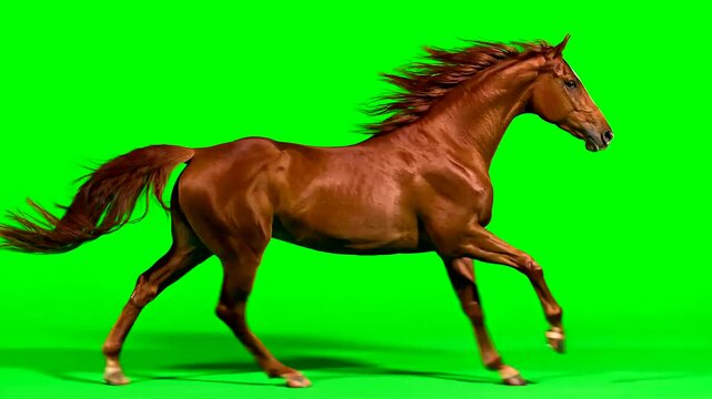 Horse galloping in side profile on green screen