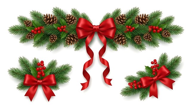 Festive christmas garland decorations with red ribbons and holly berries