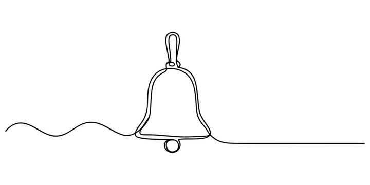 Minimalist continuous line art bell icon on a white background symbolizing notifications and classic alarm systems.
