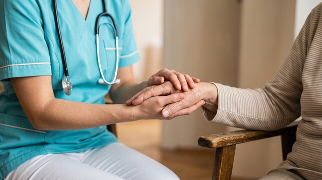 Caring nurse in turquoise scrubs gently holds the hands of an older adult in a clinic. Medical caregiver offers comfort and reassurance through compassionate care.