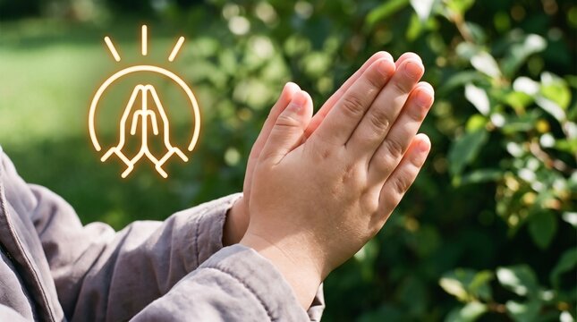 Child holding hands together in prayer outdoors beside a glowing line illustration. Young person giving thanks through a quiet prayer of gratitude in a sunlit garden