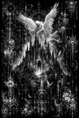 Fototapeta premium Dark fantasy angel above gothic castle with magical celestial symbols