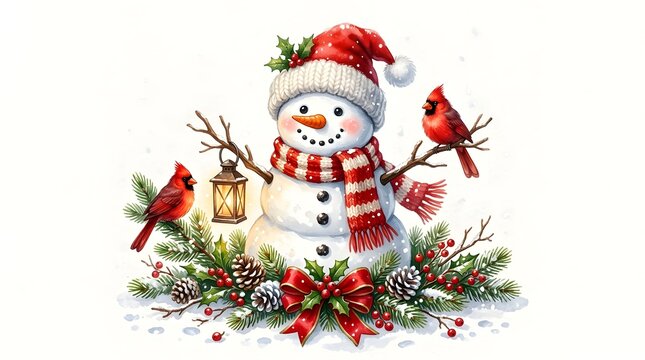 Charming watercolor illustration of a snowman with cardinals and winter foliage on white background