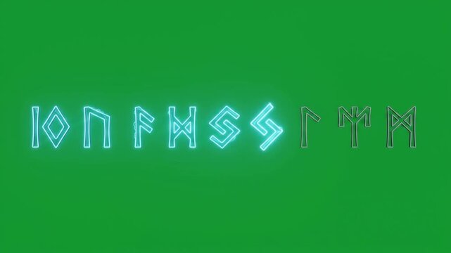 Ancient viking runic alphabet animation with glowing blue neon light and sound effect on a green screen