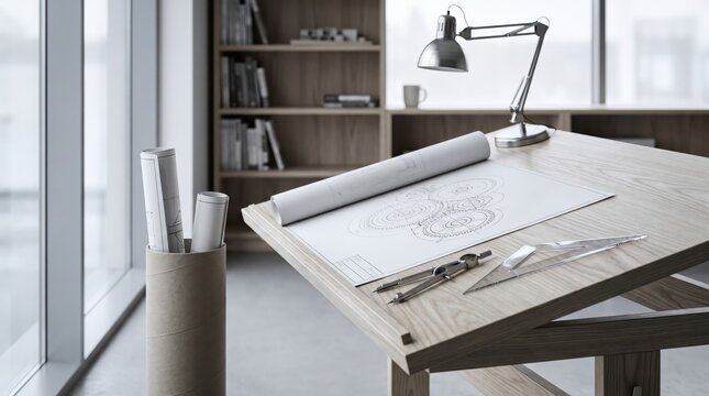 Wooden drafting table with gear blueprint drawing and metal set square