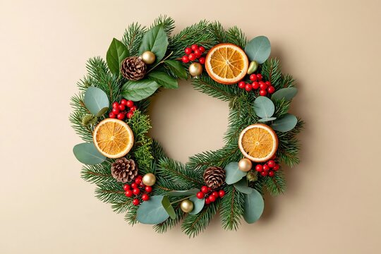 Elegant Fresh Fir Christmas Wreath with Pine Cones Citrus Orange Slices and Berries on Beige Wall