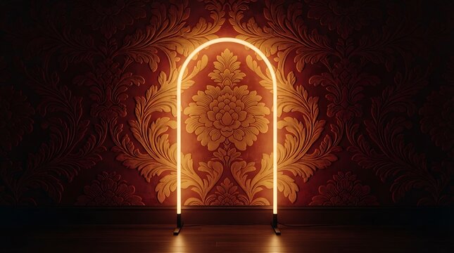 Illuminated arched structure stands before a patterned crimson wall in a staged setting