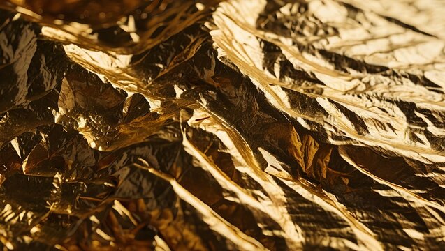 Close-up texture of crumpled gold foil with dramatic lighting