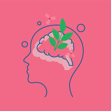 Mental Health and Brain Growth Vector Illustration - Conceptual Line Art Human Head Profile Silhouette with Blooming Green Plant Branch Growing from Brain on Pink Background