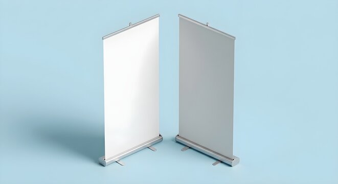 Two blank roll-up banner stands in white and gray mockup on light blue studio background with copy space