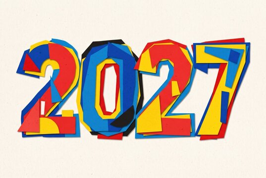 Colorful paper art representation of the year 2027 in various shapes and colors