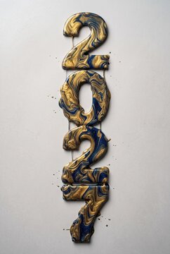 Creative design of the numbers 2027 with blue and gold swirls on a white background